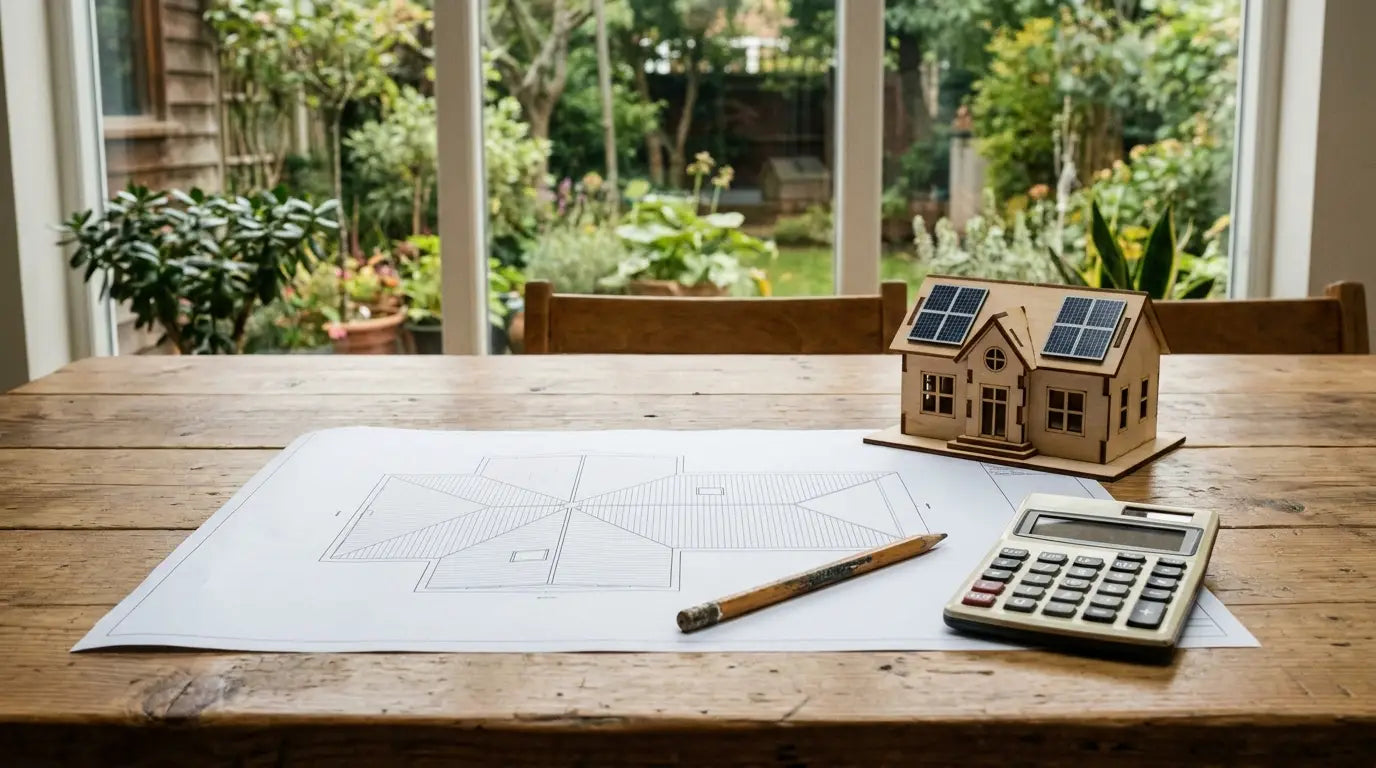 Holztisch mit Dachplan, Bleistift, Taschenrechner und Hausmodell mit Solarmodulen vor einem Garten