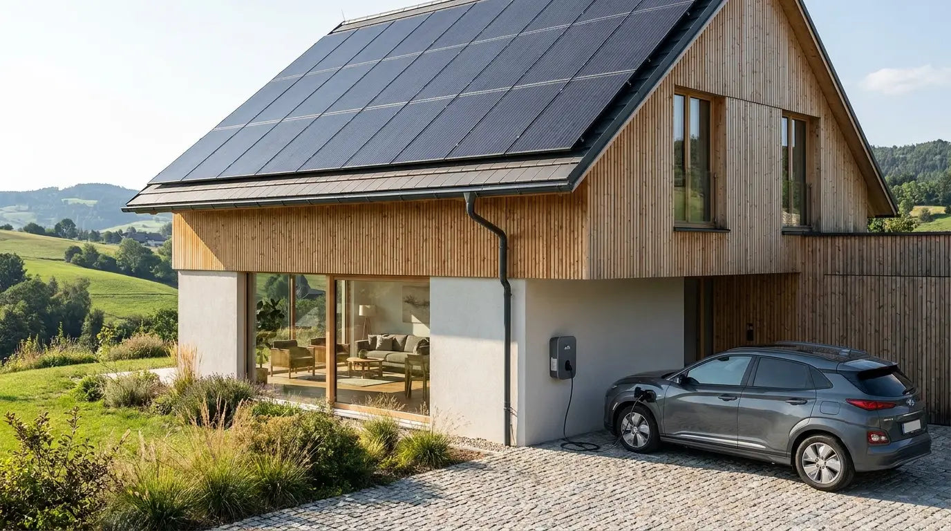 Holzhaus mit PV-Dach, Wallbox an der Wand und angeschlossenem Elektroauto in der Einfahrt