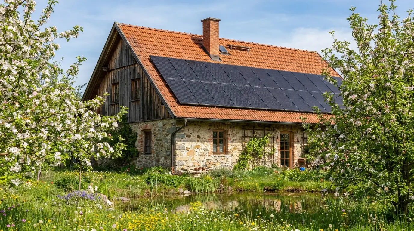 Altes Steinhaus mit Holzgiebel und schwarzen Solarmodulen auf dem Ziegeldach, davor blühende Obstbäume
