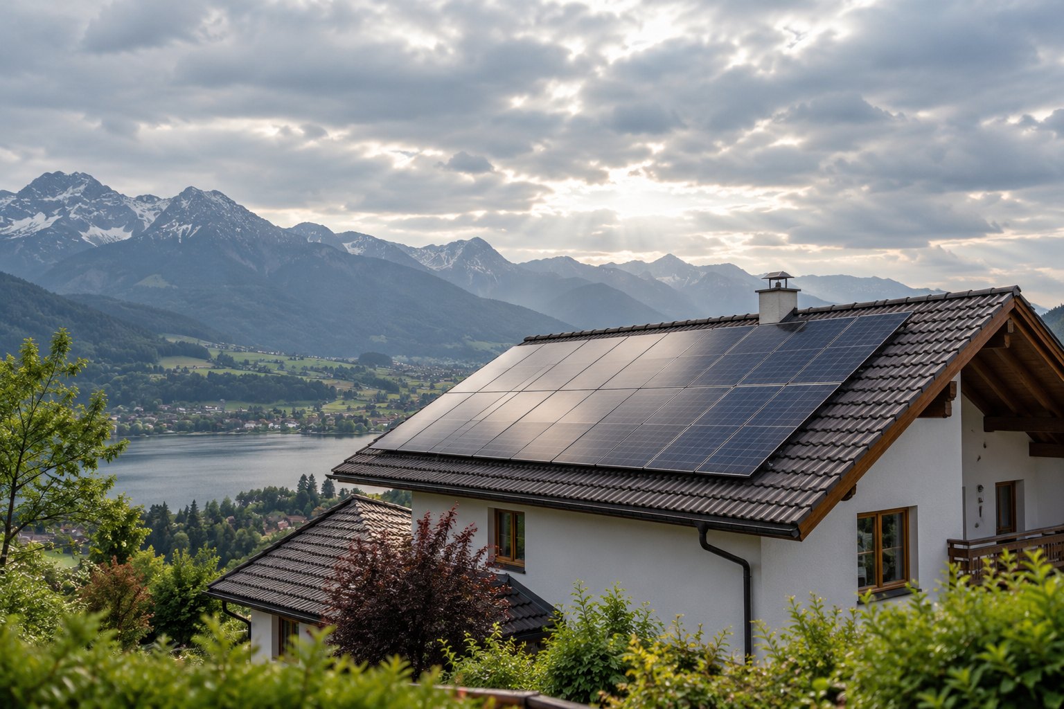 PV-Anlage auf einem Dach bei bewölktem Himmel