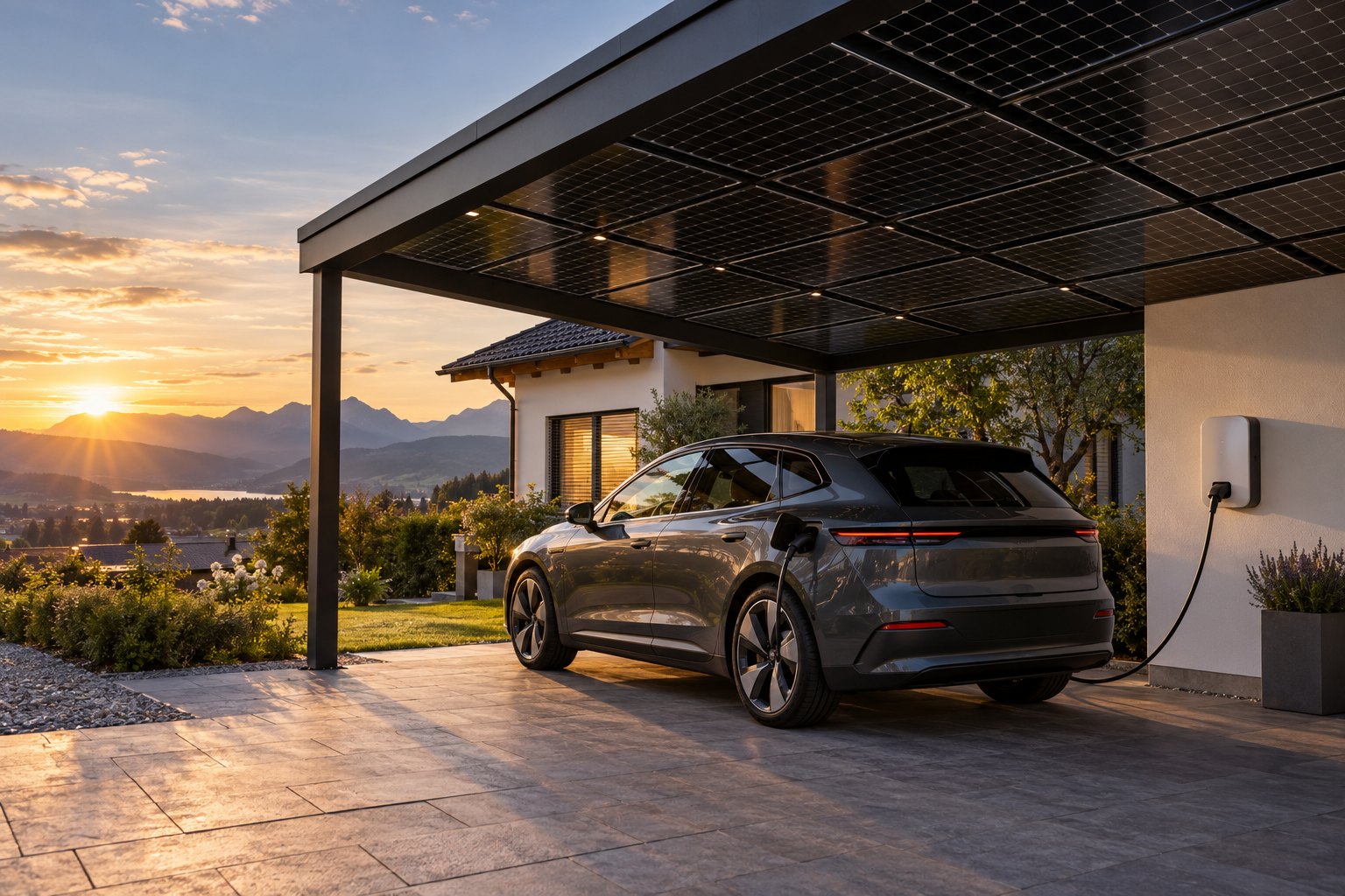 E-Auto lädt an einer Wallbox unter einem PV-Carport