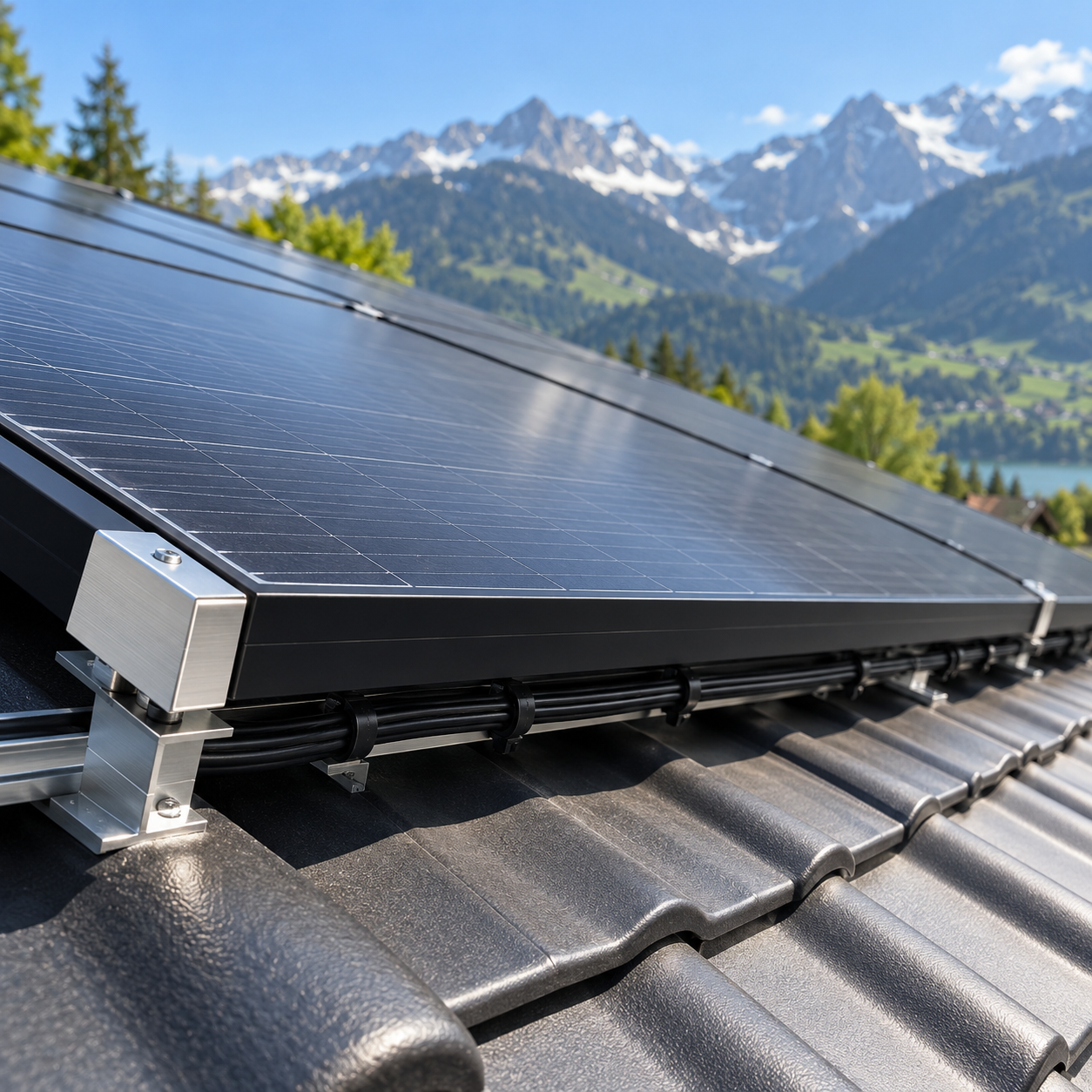 Unterkante einer neu montierten PV-Anlage mit sauber verlegten Kabeln