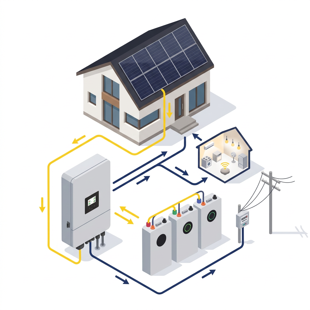 Voltaik Komplettpaket – Energiefluss PV-Dach, Deye-Wechselrichter, Deye-Speicher, Haus und Netz