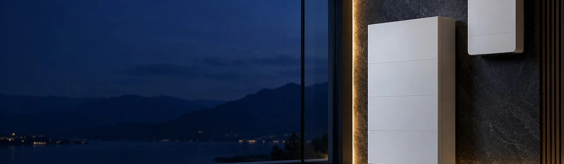 Wechselrichter und Speicher an dunkler Steinwand, Blick auf einen Bergsee bei Nacht