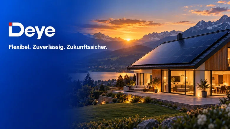 Deye-Schriftzug mit dem Satz „Flexibel. Zuverlässig. Zukunftssicher.“ über einem Haus mit Solardach im Alpenpanorama bei Sonnenuntergang