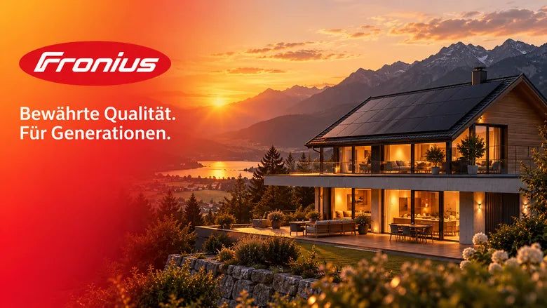 Fronius-Schriftzug mit dem Satz „Bewährte Qualität. Für Generationen.“ über einem Haus mit Solardach im Alpenpanorama bei Sonnenuntergang