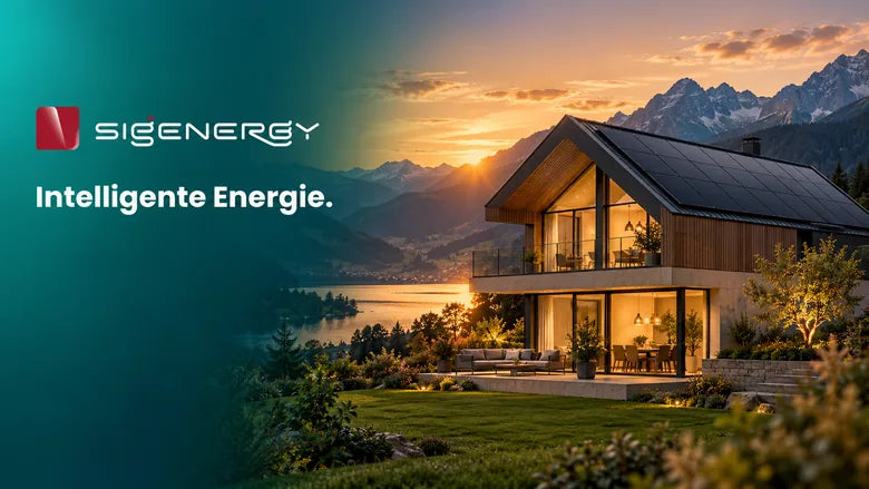Sigenergy-Schriftzug mit dem Satz „Intelligente Energie.“ über einem Haus mit Solardach im Alpenpanorama bei Sonnenuntergang