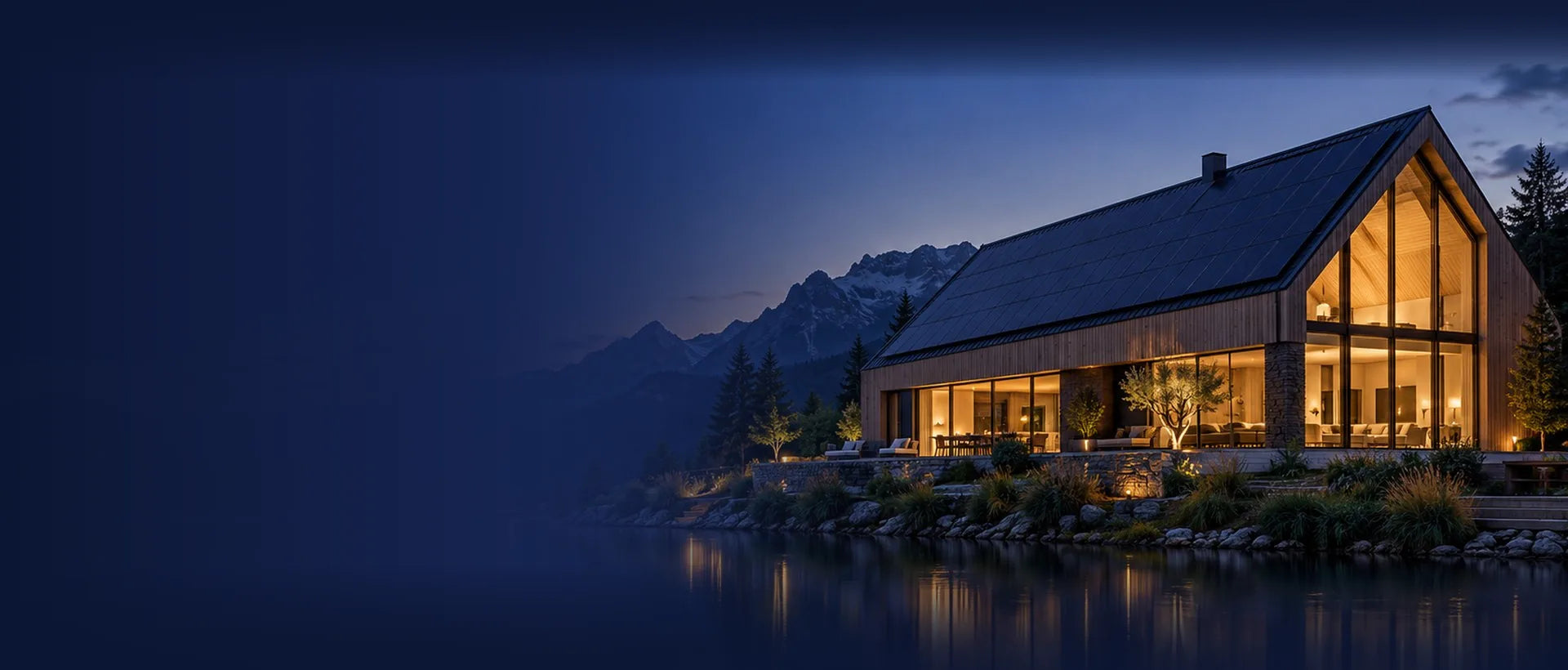 Holzhaus mit schwarzem Solardach am Bergsee zur blauen Stunde