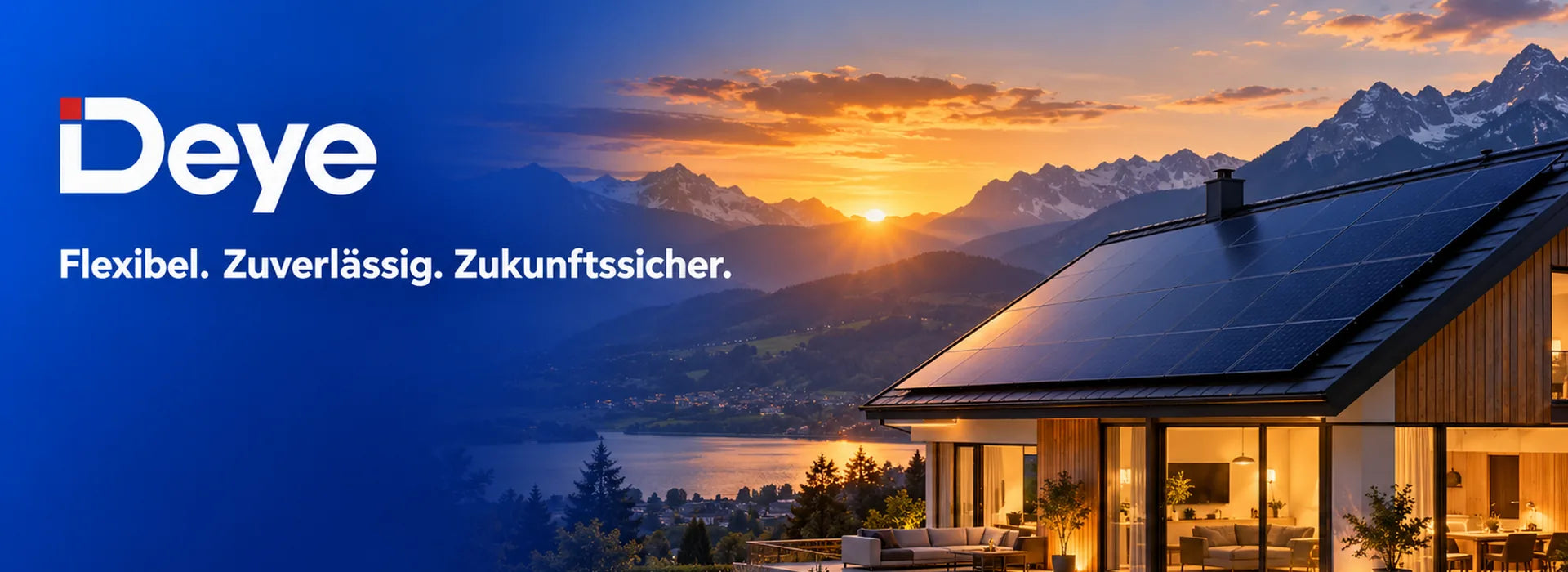 Deye-Schriftzug mit dem Satz „Flexibel. Zuverlässig. Zukunftssicher.“ über einem Haus mit Solardach im Alpenpanorama bei Sonnenuntergang
