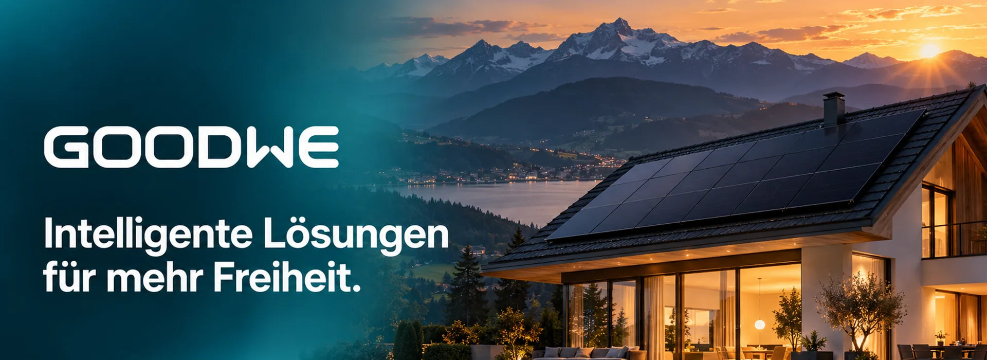 GoodWe-Schriftzug mit dem Satz „Intelligente Lösungen für mehr Freiheit.“ über einem Haus mit Solardach im Alpenpanorama bei Sonnenuntergang
