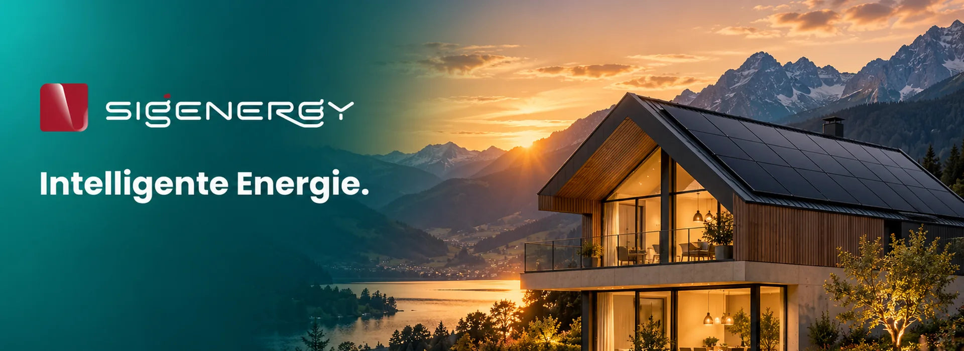 Sigenergy-Schriftzug mit dem Satz „Intelligente Energie.“ über einem Haus mit Solardach im Alpenpanorama bei Sonnenuntergang