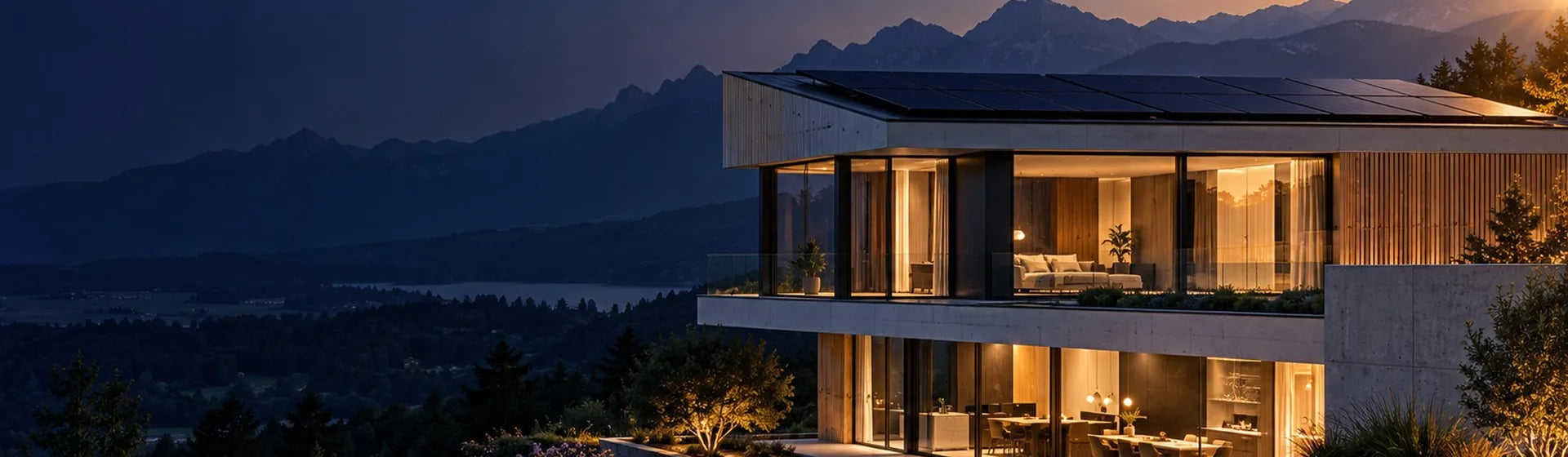 Modernes Haus mit Solarmodulen auf dem Flachdach vor Bergen im Abendlicht