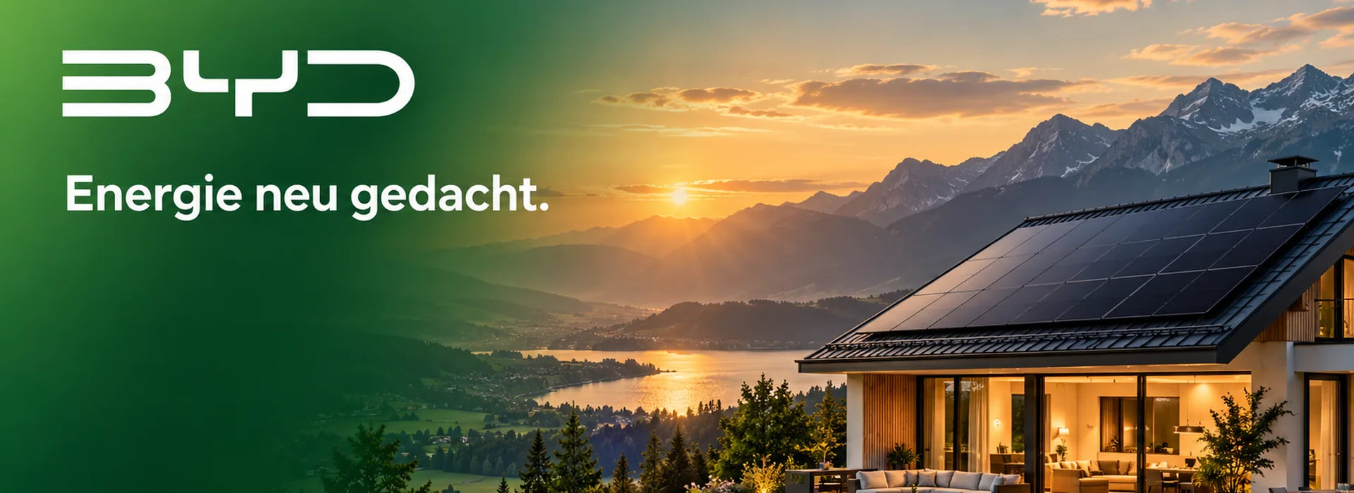 BYD: Haus mit Solardach im Alpenpanorama, Schriftzug des Herstellers