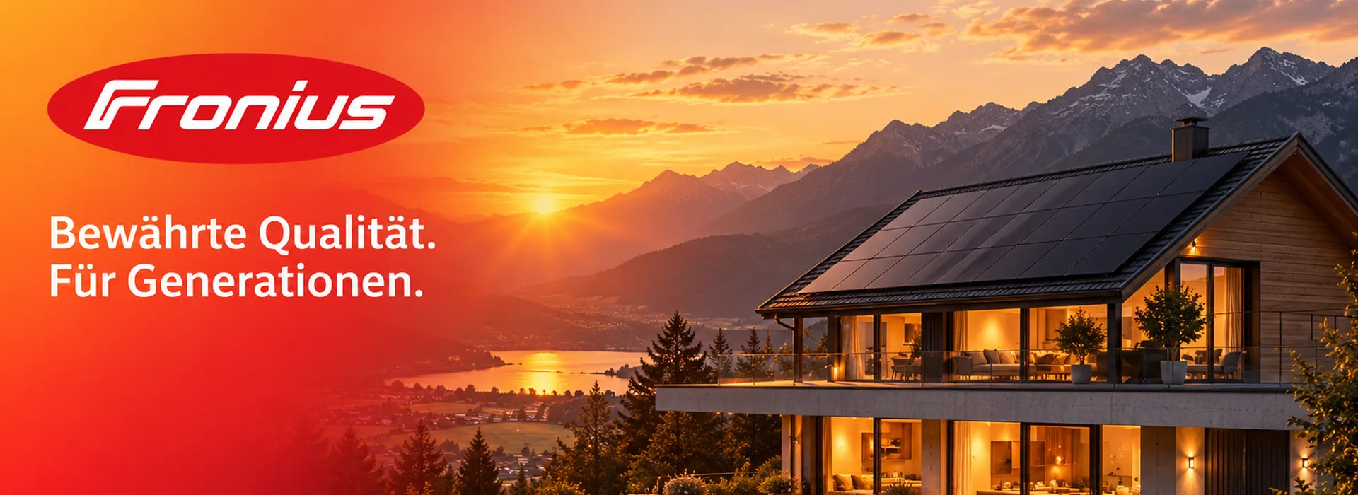 Fronius: Haus mit Solardach im Alpenpanorama, Schriftzug des Herstellers