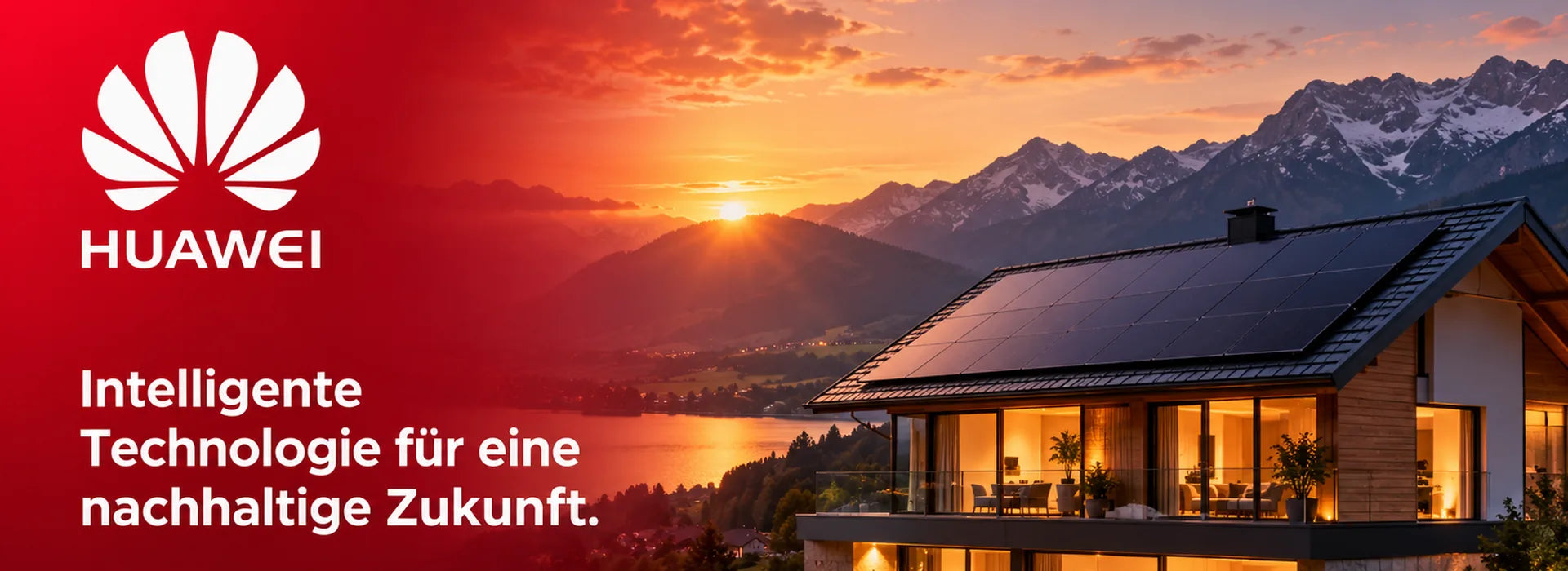 Huawei: Haus mit Solardach im Alpenpanorama, Schriftzug des Herstellers