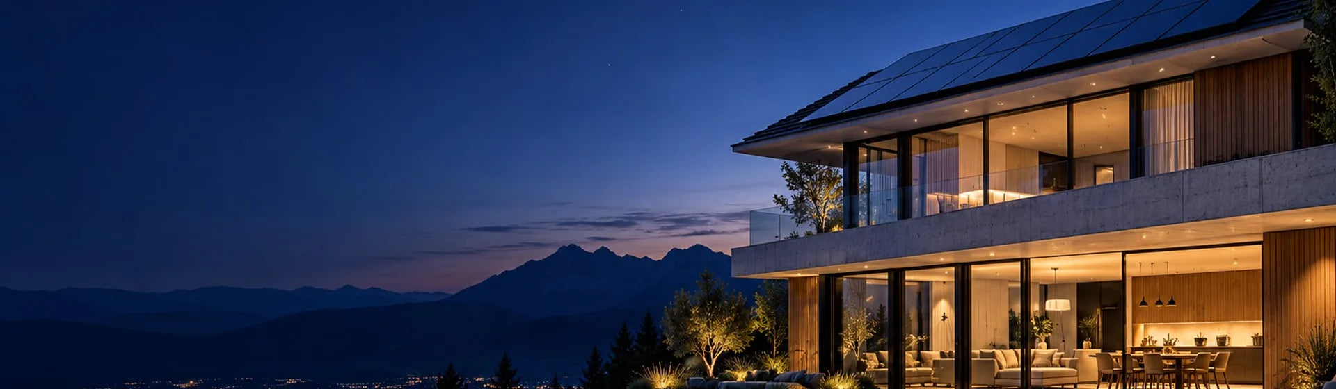 Modernes Haus mit Solardach und beleuchteter Terrasse am See zur blauen Stunde